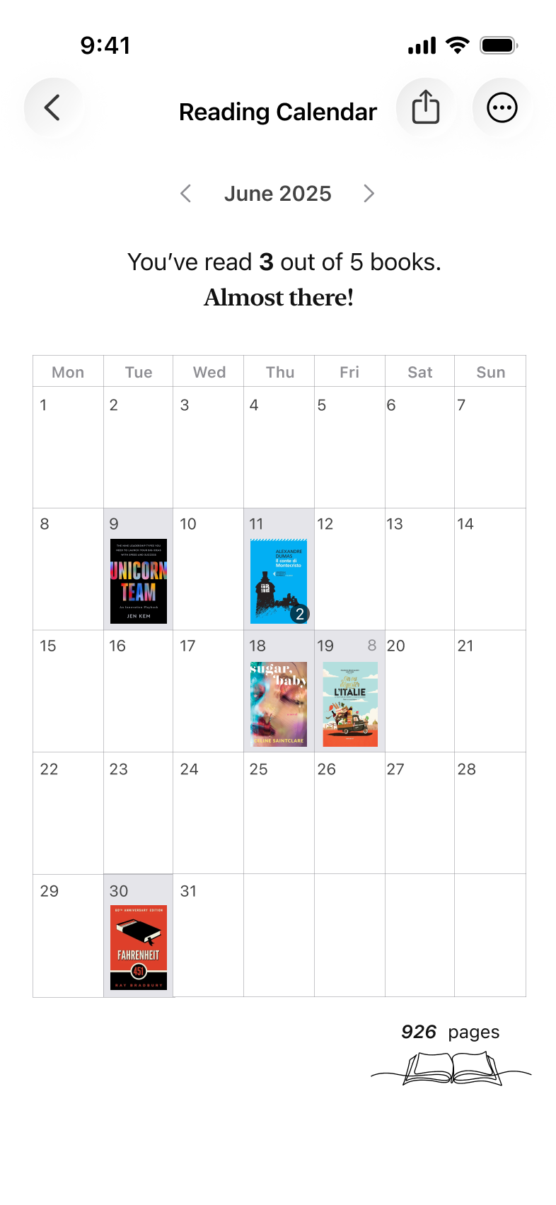 Reading dashboard with bookshelf and calendar showing reading progress and habits